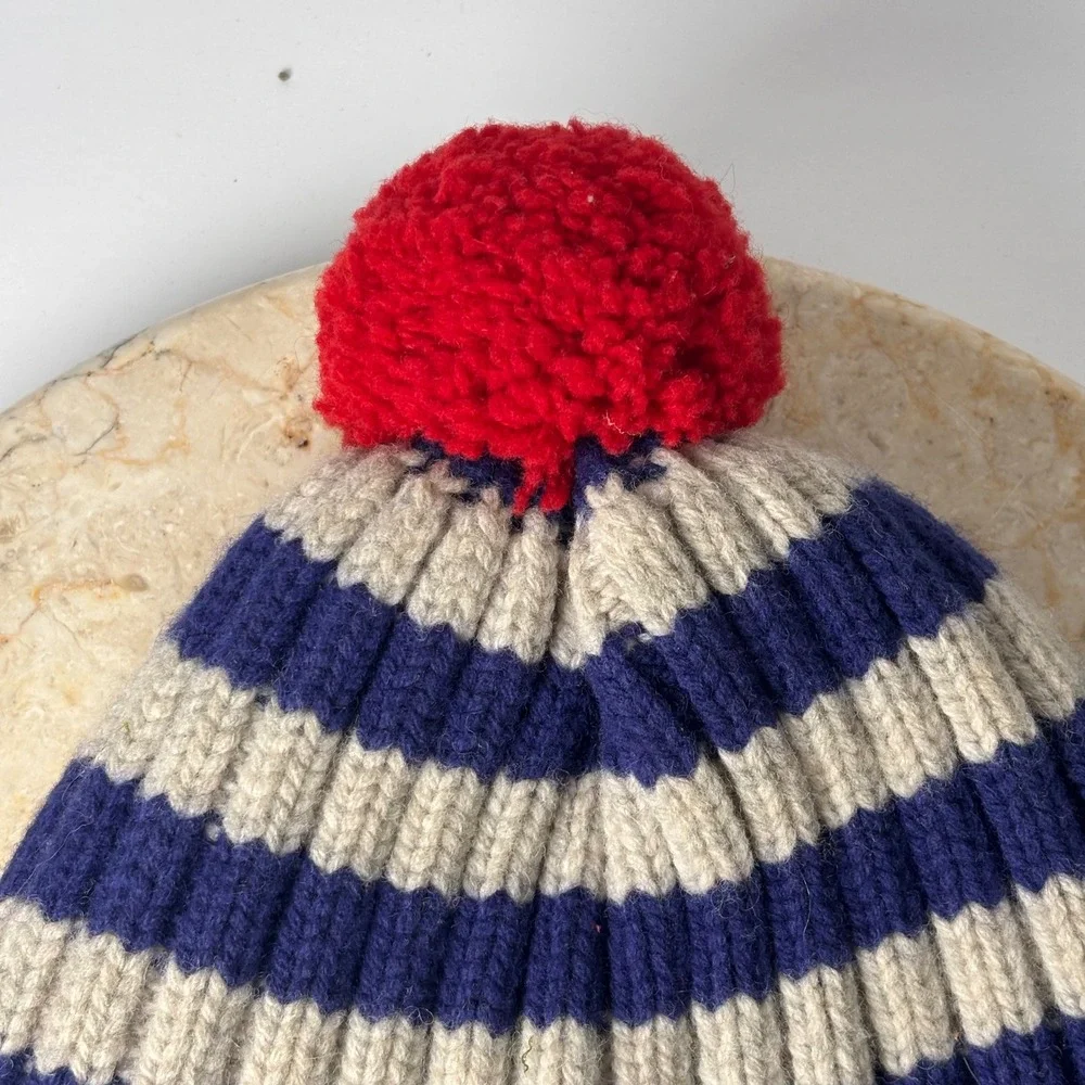 Vintage L.L. Bean Beanie OSFA Blue Striped 100% Lambswool‎ Pom Pom Winter Hat